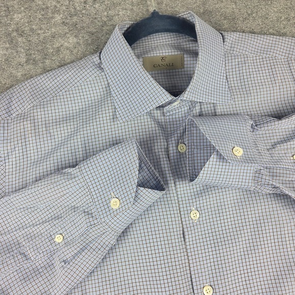 Canali Other - Canali 1934 Mens Blue Brown Check Cotton Dress Shirt Made in Italy 16.5 L